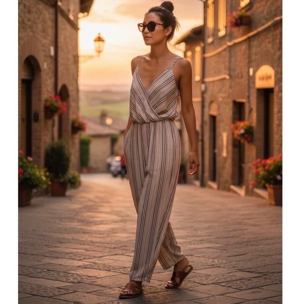 LEITH WOMENS beige Jumpsuit relaxed one small spaghetti strapped boho miltered